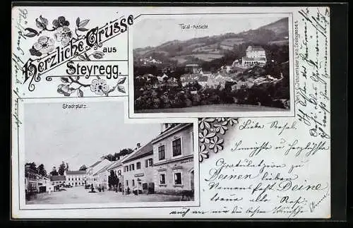 AK Steyregg, Blick über den Stadtplatz, Gesamtansicht