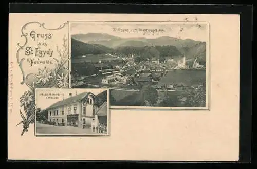 AK St. Egydy a. Neuwalde, Ansicht vom Osterkogel aus und Franz Fromwalt`s Handlung