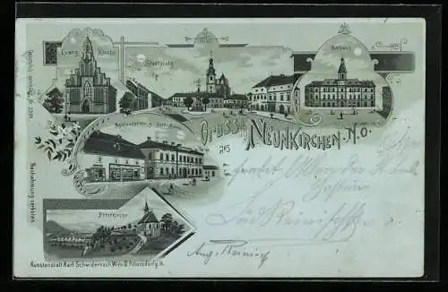 Mondschein-Lithographie Neunkirchen, Restaurant Zur goldenen Birne, Peterkirche und Stadtplatz