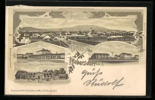 Lithographie Leobersdorf /N. Ö., Bahnhof, Restauration&Tabak Trafik, Ganz&Co. Arbeitshäuser