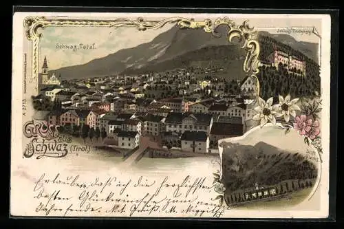 Lithographie Schwaz, Schloss Tratzberg, Ortsansicht