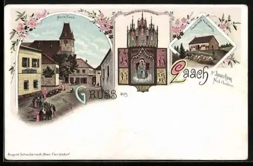 Lithographie Laach a. Jauerling, Maria-Laach, Gnadenbild in der Wallfahrtskirche und Stauferhütte a. d. Jauerling