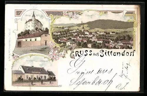 Lithographie Sittendorf, Schloss Wildegg, Sporrer`s Geschäftshaus und Gesamtansicht