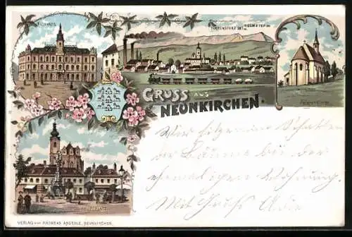 Lithographie Neunkirchen, Türkensturz, Rathaus, Peters-Kirche, Hauptplatz