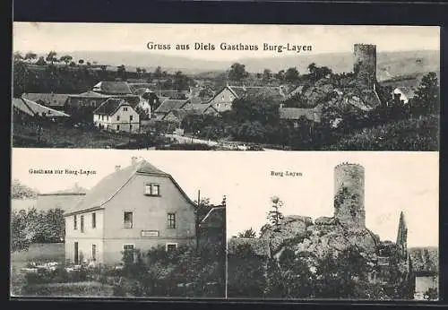 AK Rümmelsheim, Diels Gasthaus, Burg Layen, Ortsansicht mit Burg