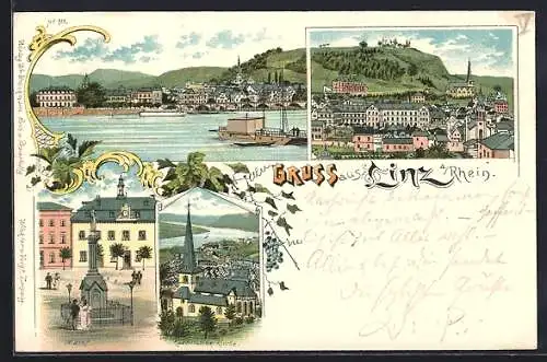 Lithographie Linz a. Rhein, Markt mit Denkmal, Kirchenpartie, Ortsansicht mit Rhein