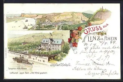 Lithographie Linz a. Rhein, Gesamtansicht, Hotel-Pension Europäischer Hof