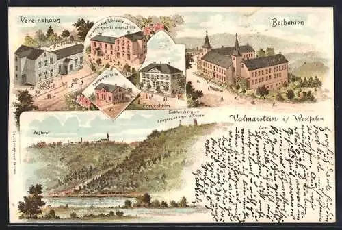 Lithographie Volmarstein i. Westfalen, Vereinshaus, Frauenheim, Kleinkinderschule