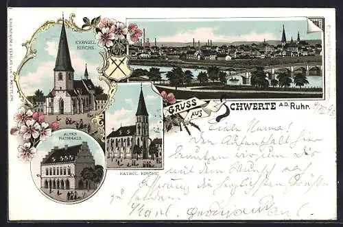 Lithographie Schwerte a/Ruhr, Altes Rathaus Ev. und Kath. Kirche