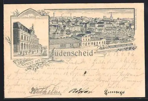 Lithographie Lüdenscheid, Strassenpartie mit grossem Gebäude, Teilansicht mit Bahnhof und Eisenbahn