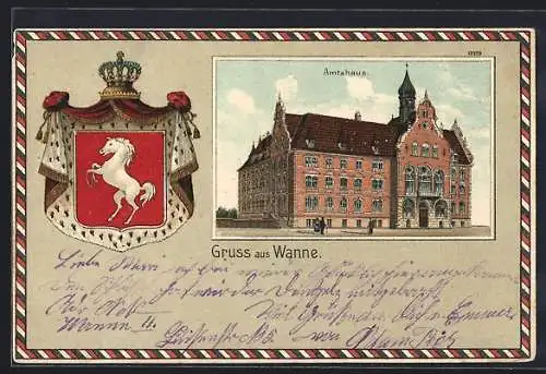 Lithographie Wanne, Amtshaus und Wappen