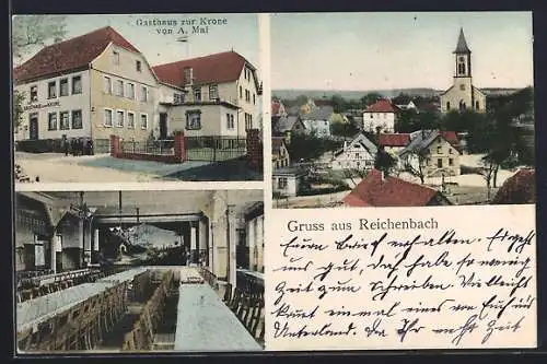 AK Reichenbach, Gasthaus zur Krone A. Mai mit Bühnensaal, Teilansicht aus der Vogelschau