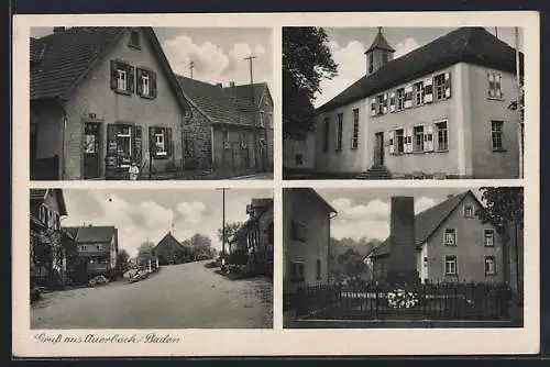 AK Auerbach /Baden, Geschäftshaus, Strassenpartie, Kriegerdenkmal, Turmgebäude