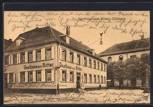 AK Ettlingen, Gasthaus zum Ritter mit Denkmal und Nachbarhaus