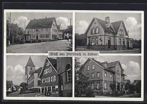 AK Ittersbach /Baden, Bahnhof, Gasthaus zum Bahnhof, Rathaus mit Kriegerdenkmal, Kirchenpartie