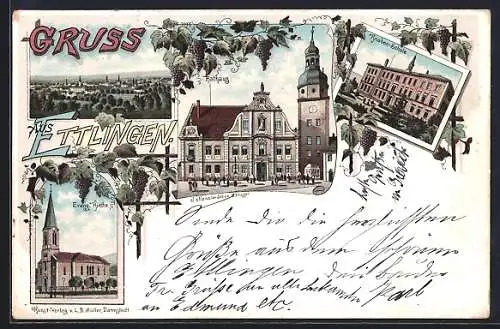 Lithographie Ettlingen, Knaben-Schule, Rathaus, Ev. Kirche, Teilansicht