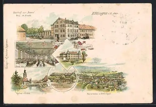 Lithographie Ettlingen, Gasthof zur Sonne M. Knab mit Saal, Lehrer-Seminar, Ortsansicht