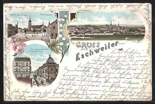 Lithographie Eschweiler, Neugrabenstrasse mit Post, Marktplatz mit Kirche, Ortsansicht