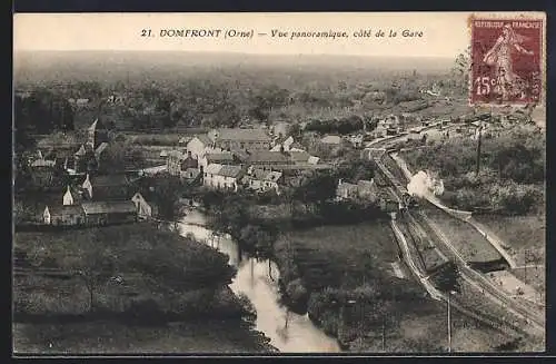 AK Domfront, Vue panoramique côté de la Gare avec rivière et train à vapeur