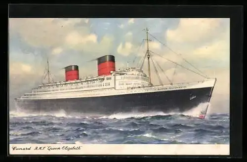 AK Passagierschiff RMS Queen Elizabeth pflügt durch die Wellen, Cunard Line