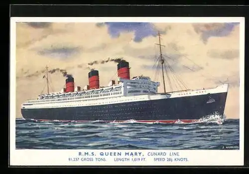 Künstler-AK Passagierschiff R.M.S. Queen Mary der Cunard Line auf hoher See