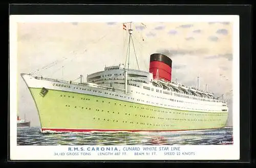 Künstler-AK Passagierschiff R.M.S. Caronia in grüner Farbe gestrichen, Cunard White Star Line