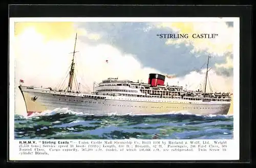 AK Passagierschiff RMMV Stirling Castle pflügt durchs Wasser, Union Castle Mail Steamship Co.