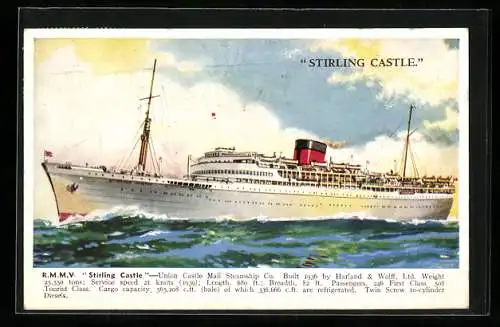 AK Passagierschiff RMMV Stirling Castle pflügt durch die Wellen, Union Castle Mail Steamship Co.