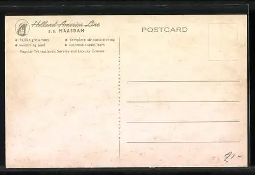 AK Passagierschiff SS Maasdam auf hoher See, Holland-America Line