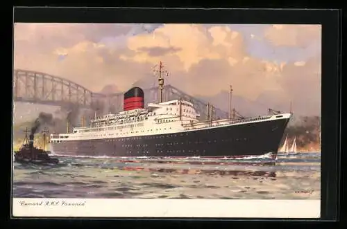Künstler-AK Passagierschiff RMS Saxonia der Cunard Line nahe einer Brücke