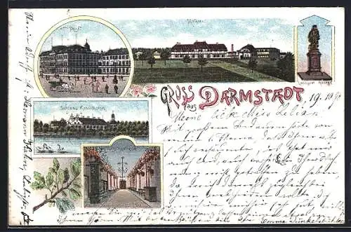 Lithographie Darmstadt, Meierei, Schloss Kranichstein und Hirschgallerie