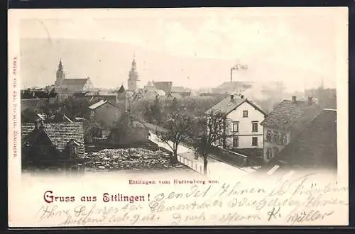 AK Ettlingen, Ortsansicht vom Huttenkreuz aus