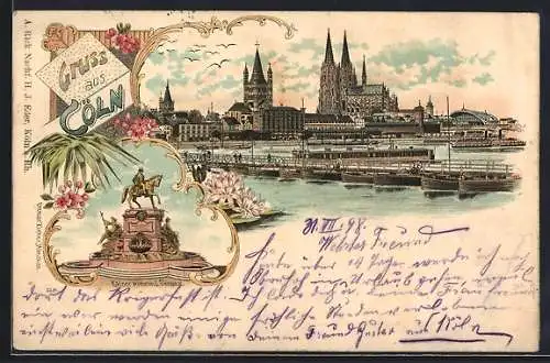 Lithographie Köln, Schiffbrücke über den Rhein vor dem Dom, Dampfer, Kaiser Wilhelm I. Denkmal