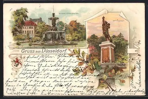 Lithographie Düsseldorf, Brunnen i. d. Königsallee, 39er Denkmal