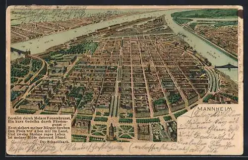 Lithographie Mannheim, Schematische Stadtansicht aus der Vogelschau