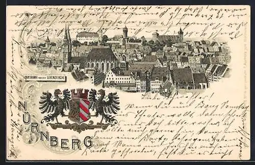 Lithographie Nürnberg, Totalansicht, Wappen