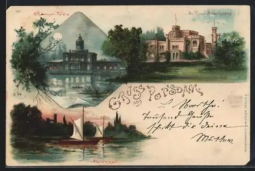 Lithographie Potsdam, Schloss Babelsberg, Marmor-Palais, Pfaueninsel, Segelboot