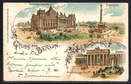 Lithographie Berlin, Reichstags-Gebäude, Brandenburger Tor, Siegessäule