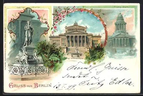 Lithographie Berlin, Gendarmenmarkt, Königl. Schauspielhaus, Franz. Dom, Schiller-Denkmal, Blumen, Um 1900