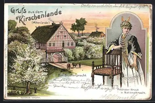 Lithographie Jork, Bauernhaus zur Blütenpracht, Altländer Braut in Nationaltracht