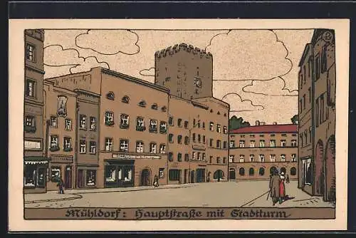 Steindruck-AK Mühldorf, Hautpstrasse mit Geschäft und Stadtturm