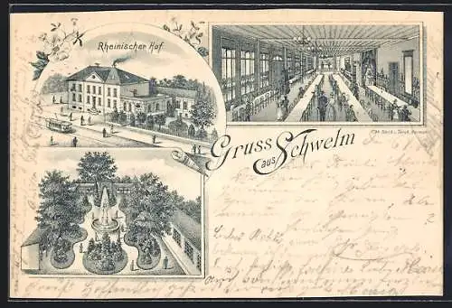 Lithographie Schwelm, Hotel Rheinischer Hof, Innenansicht