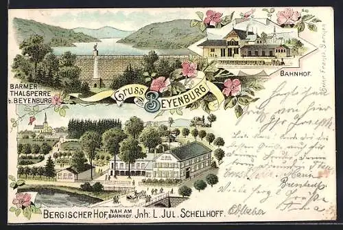 Lithographie Beyenburg, Gasthaus Bergischer Hof, Inh. Jul. Schellhoff, Bahnhof, Barmer Thalsperre