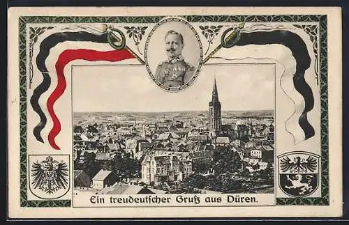 AK Düren, Stadtpanorama mit Kaiser Wilhelm II.-Porträt und Reichsfahne