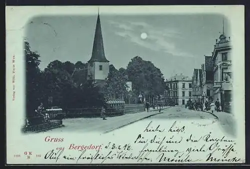 Mondschein-AK Bergedorf, Strassenpartie an der Kirche