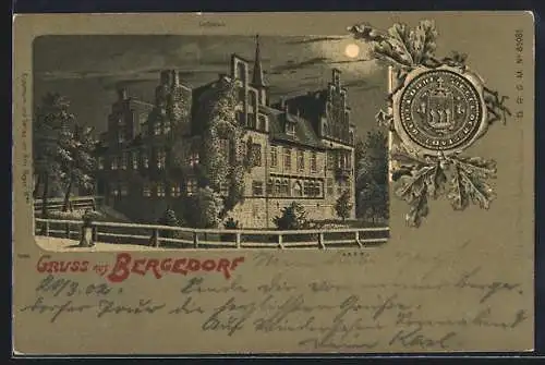 Mondschein-Lithographie Bergedorf, Schloss im Passepartout mit Wappen und Eichenzweig