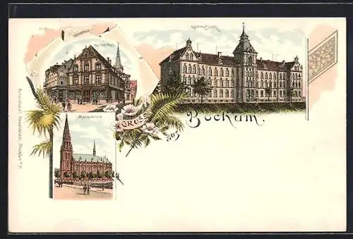 Lithographie Bochum, Korrum Haus, Gymnasium, Marienkirche