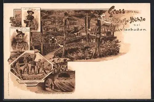 Lithographie Wiesbaden, Leichtweiss-Höhle, Höhleninneres, Räuberhauptmann Heinrich Anton Leichtweiss