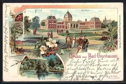 Lithographie Bad Oeynhausen, Soolbad, Goldfischteich, Bülowbrunnen