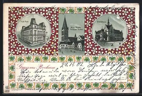 Lithographie Bochum, Ständehaus, Alter Markt und Postamt im Blumen-Passepartout